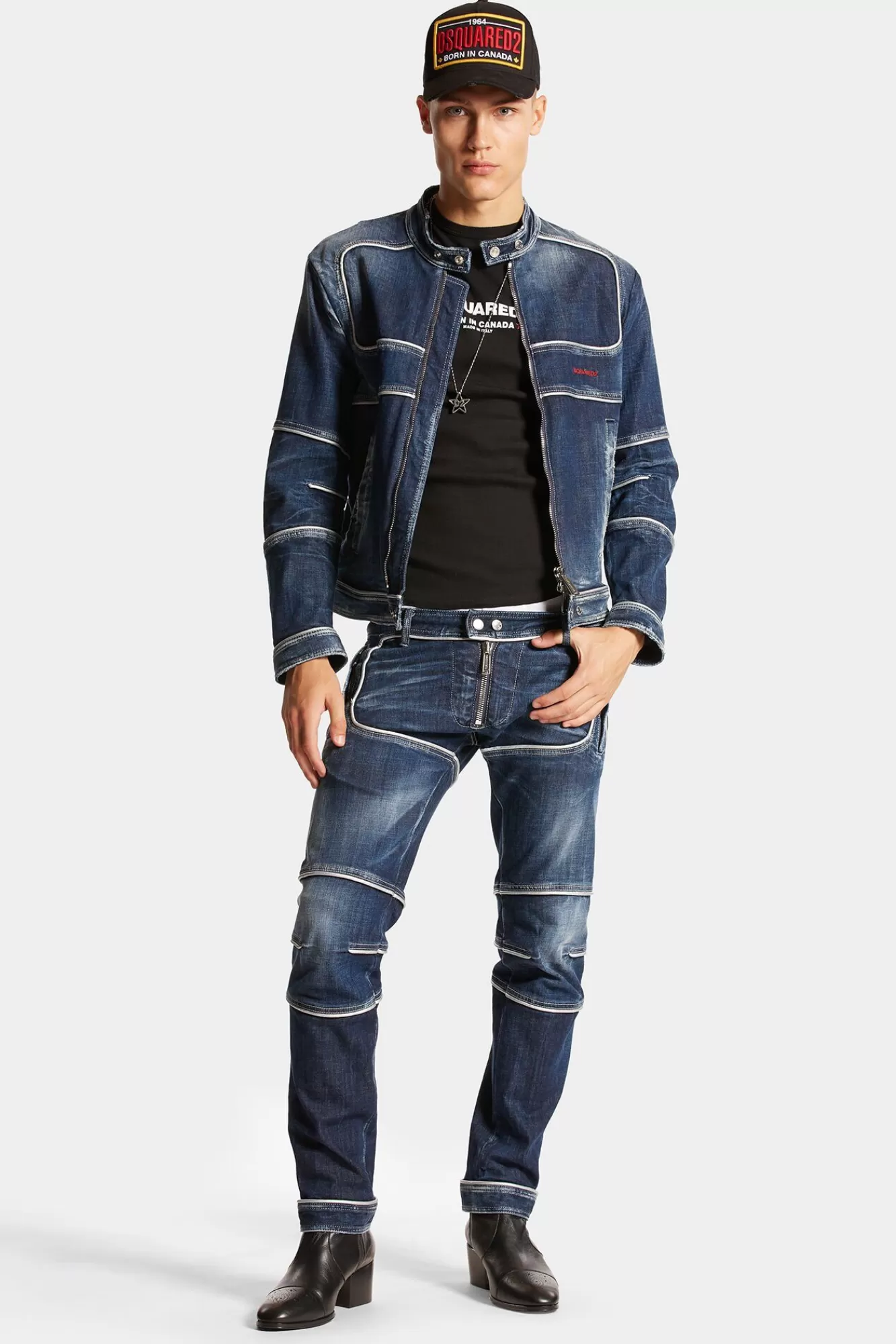 Co-Orden^Dsquared2 Heritage Denim Bikerbroek Met Donkere, Gemakkelijk Gescheurde Wassing Marine