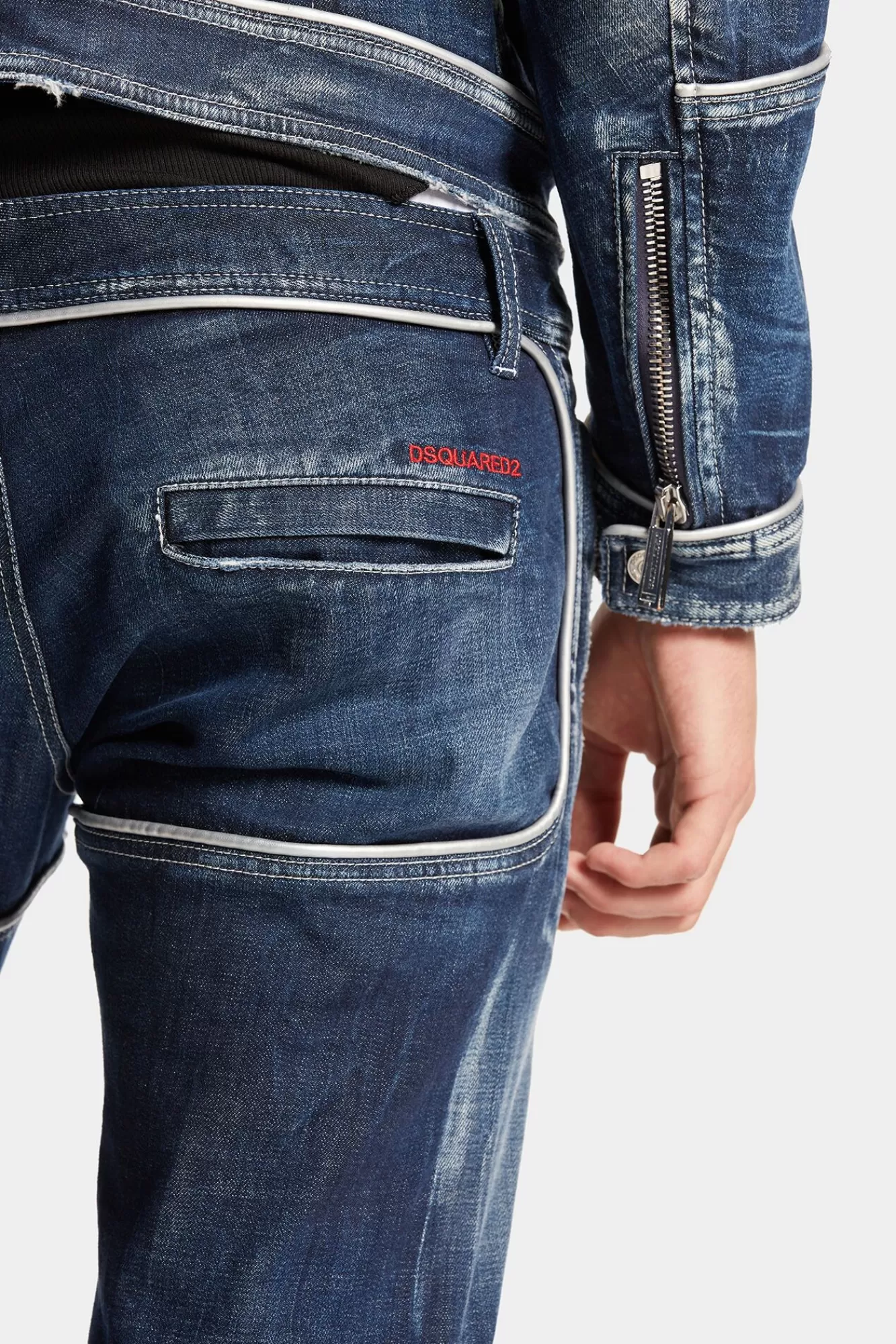 Co-Orden^Dsquared2 Heritage Denim Bikerbroek Met Donkere, Gemakkelijk Gescheurde Wassing Marine